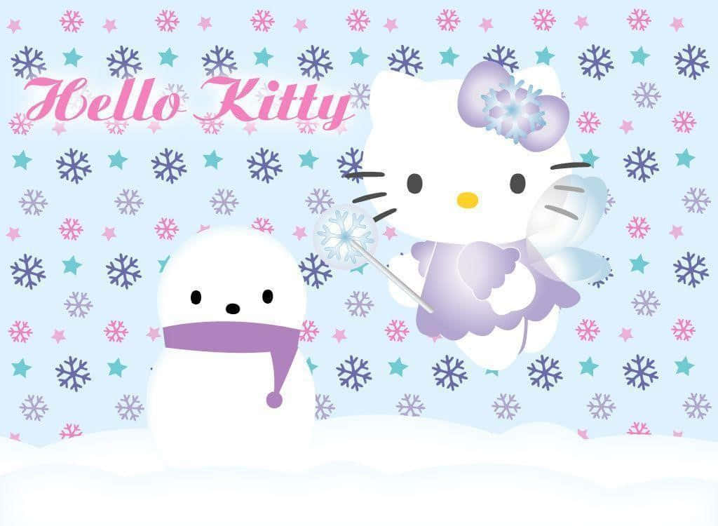 Hello Kitty Christmas 桌布 壁紙 — Hello Kitty 穿著紫色冬季服裝，手持雪花魔杖，站在雪人旁邊，背景是佈滿星星和雪花的雪景。