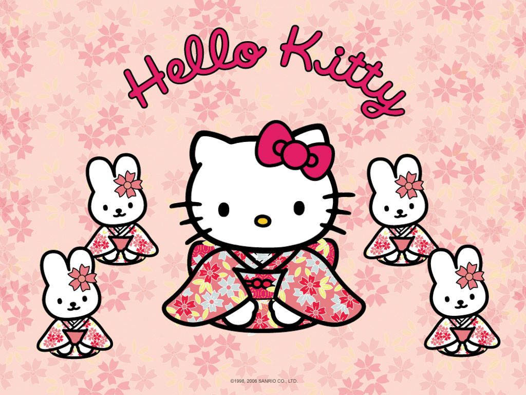 sanrio 桌布 壁紙 — Hello Kitty 穿著花卉和服，被兔子朋友圍繞，背景是櫻花圖案的粉紅色。