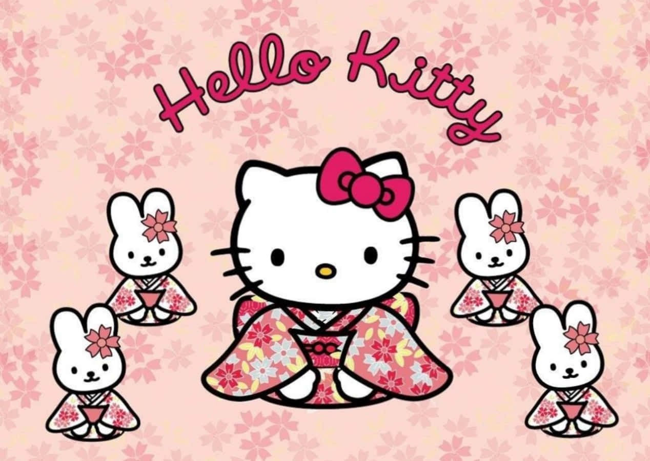 Hello Kitty 桌布 壁紙 — Hello Kitty 穿著花卉和服，被兔子角色包圍，背景是粉紅色的櫻花。