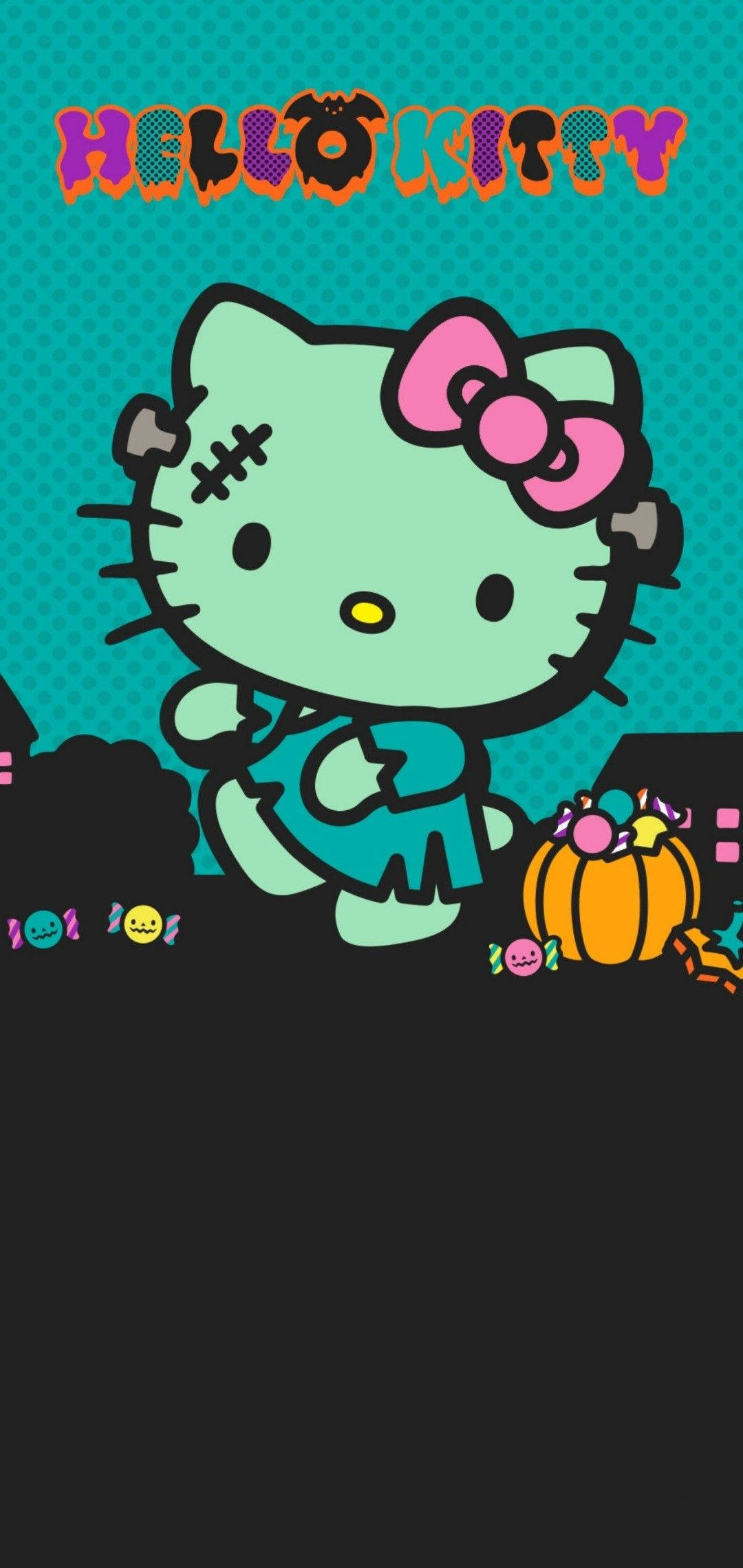 Hello Kitty Halloween 桌布 壁紙 — Hello Kitty 穿著詭異的萬聖節服裝，臉上縫線，手持南瓜糖果，背景為青綠色圓點圖案。