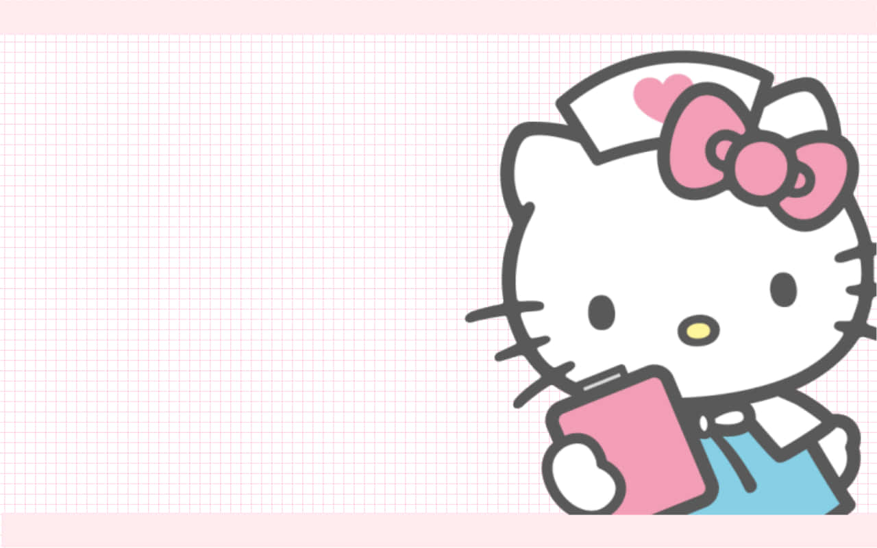Hello Kitty Pc 桌布 壁紙 — Hello Kitty 穿著護士服，在淺粉紅色網格背景前拿著粉紅色剪貼板。