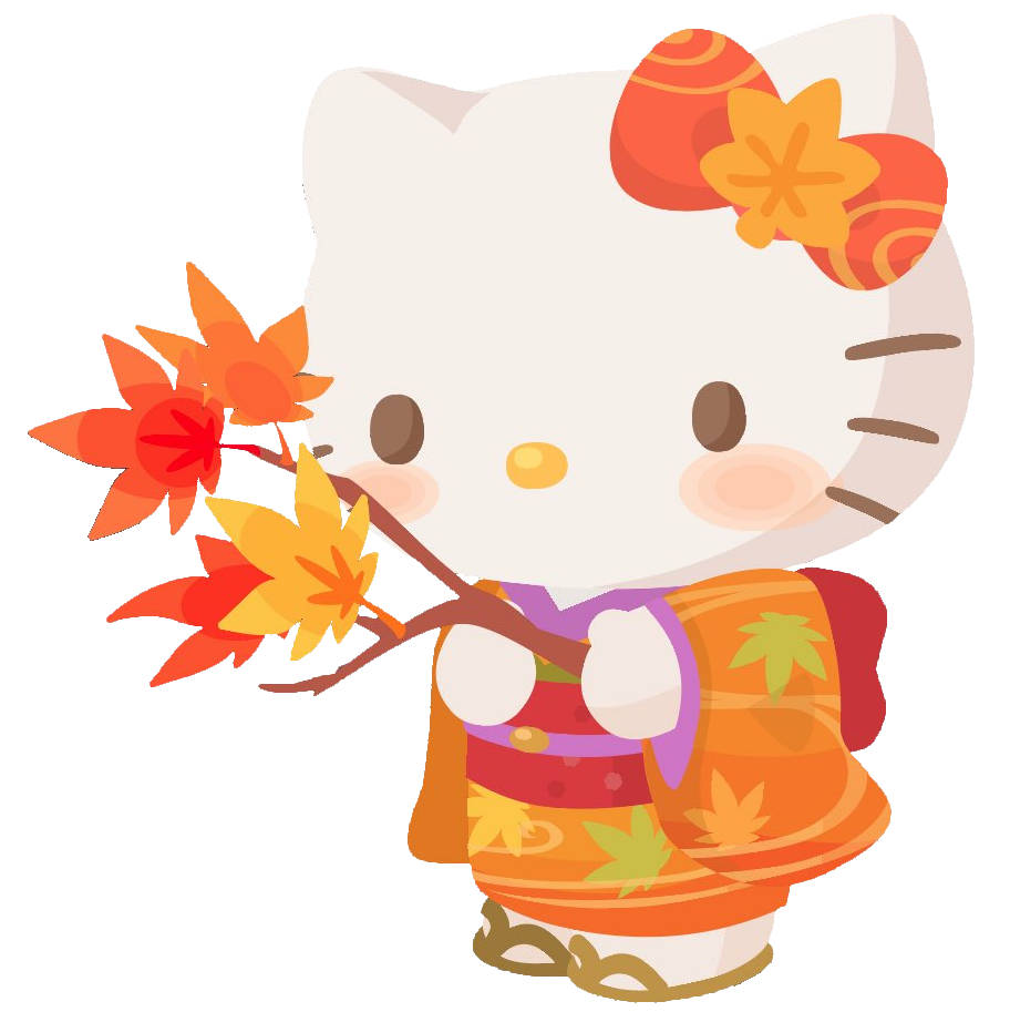 Autumn Leaves 桌布 壁紙 — Hello Kitty 穿著鮮豔的秋季和服，在潔白的背景上拿著一枝火紅的楓葉。