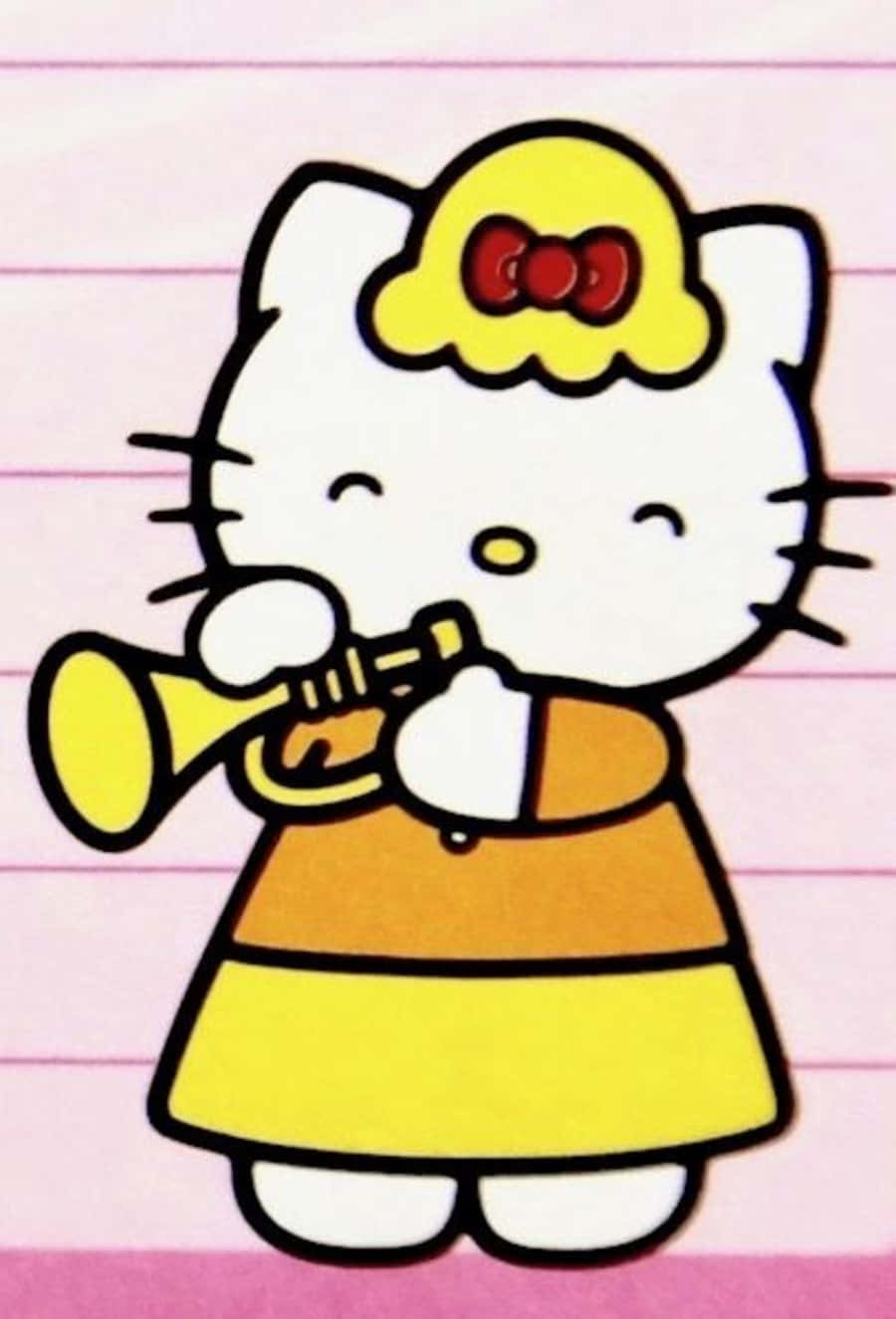 Mary White 桌布 壁紙 — Hello Kitty 穿著黃色和橙色連衣裙，在粉紅色橫線紙背景上吹奏小號。