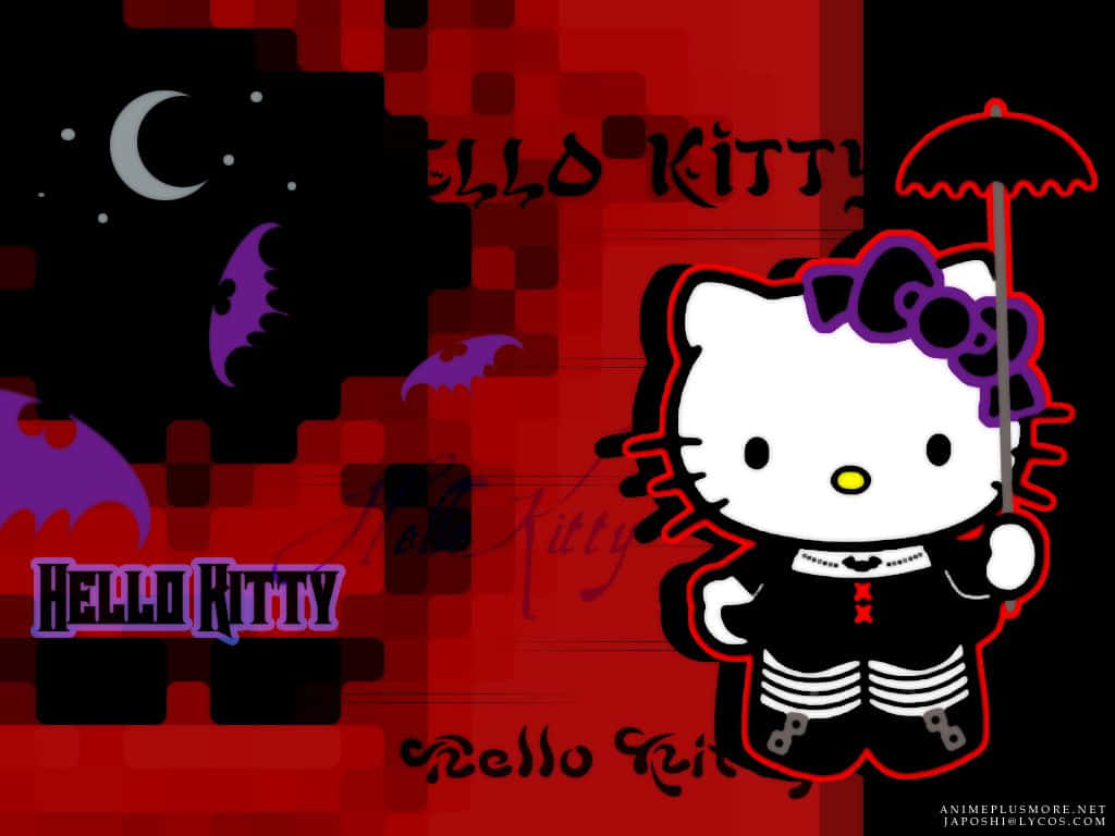 Emo Hello Kitty 桌布 壁紙 — Hello Kitty 穿著黑色哥德式服裝，在帶有蝙蝠和新月的紅黑像素背景中撐著傘。