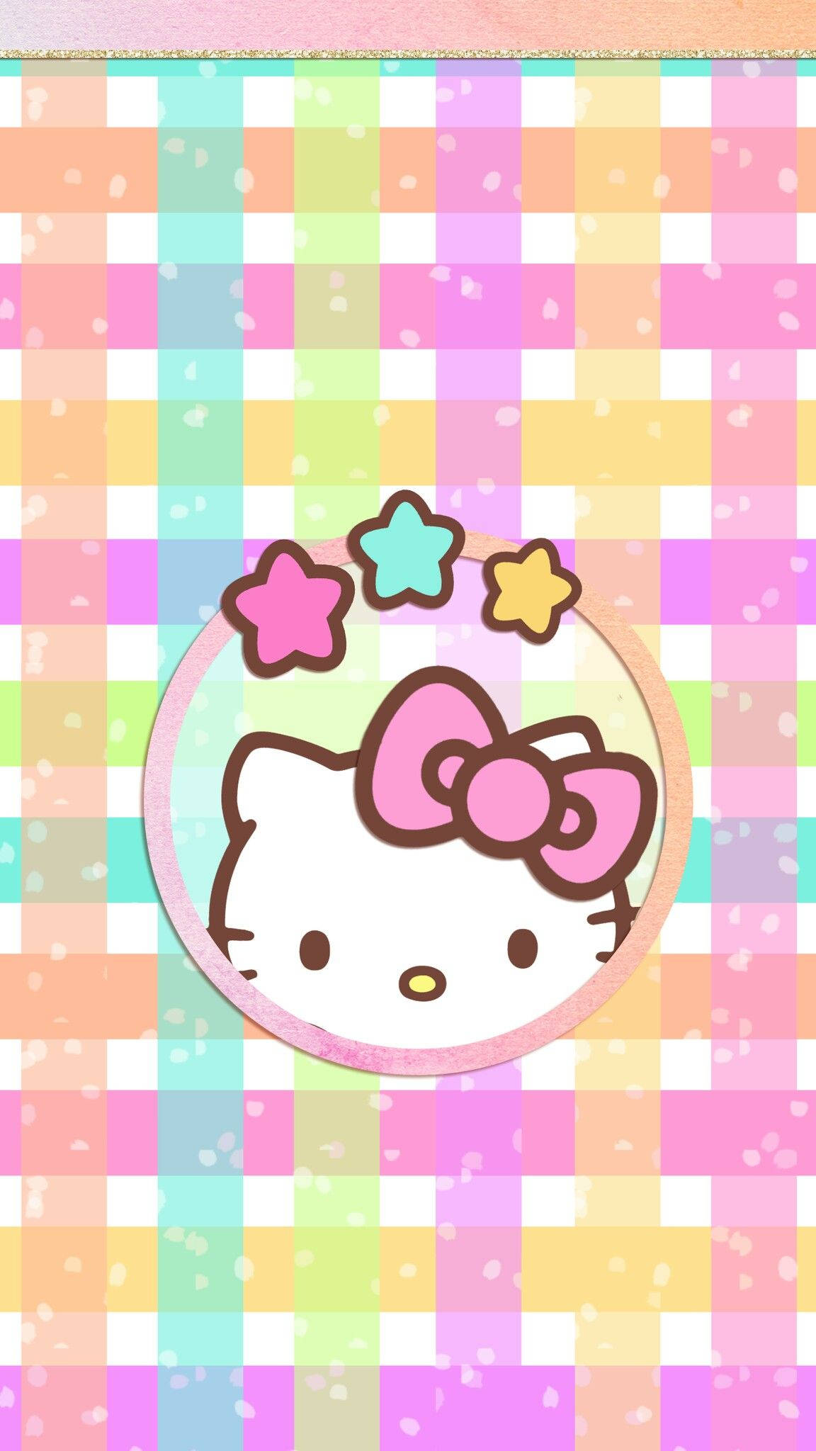 可愛 桌布 壁紙 — Hello Kitty 臉部，帶有粉紅色蝴蝶結和彩色星星，居中在粉彩格紋背景上，帶有亮粉。