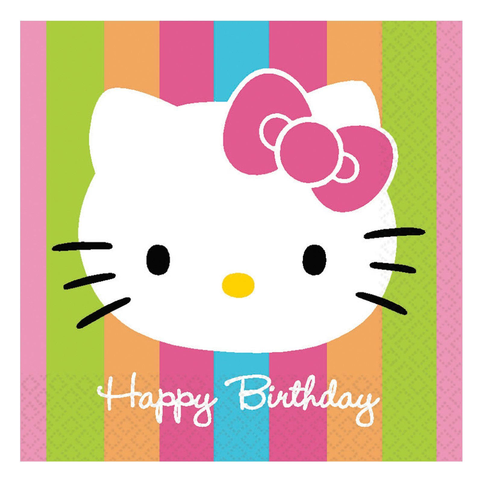 Hello 桌布 壁紙 — Hello Kitty 臉部搭配粉紅色蝴蝶結，背景為彩色條紋，並有「Happy Birthday」文字。