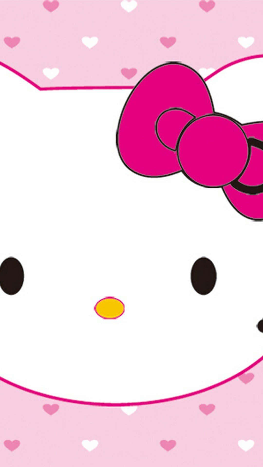 Hello Kitty 桌布 壁紙 — Hello Kitty 臉部特寫，戴著一個大粉紅色蝴蝶結，背景為粉紅色並散落著心形圖案。