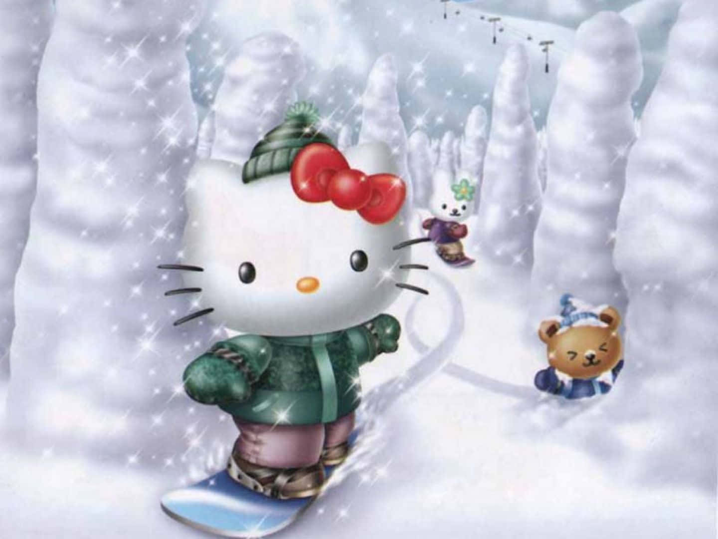 Hello Kitty Christmas 桌布 壁紙 — Hello Kitty 與朋友們在雪坡上玩滑雪板，雪花在他們周圍閃爍。