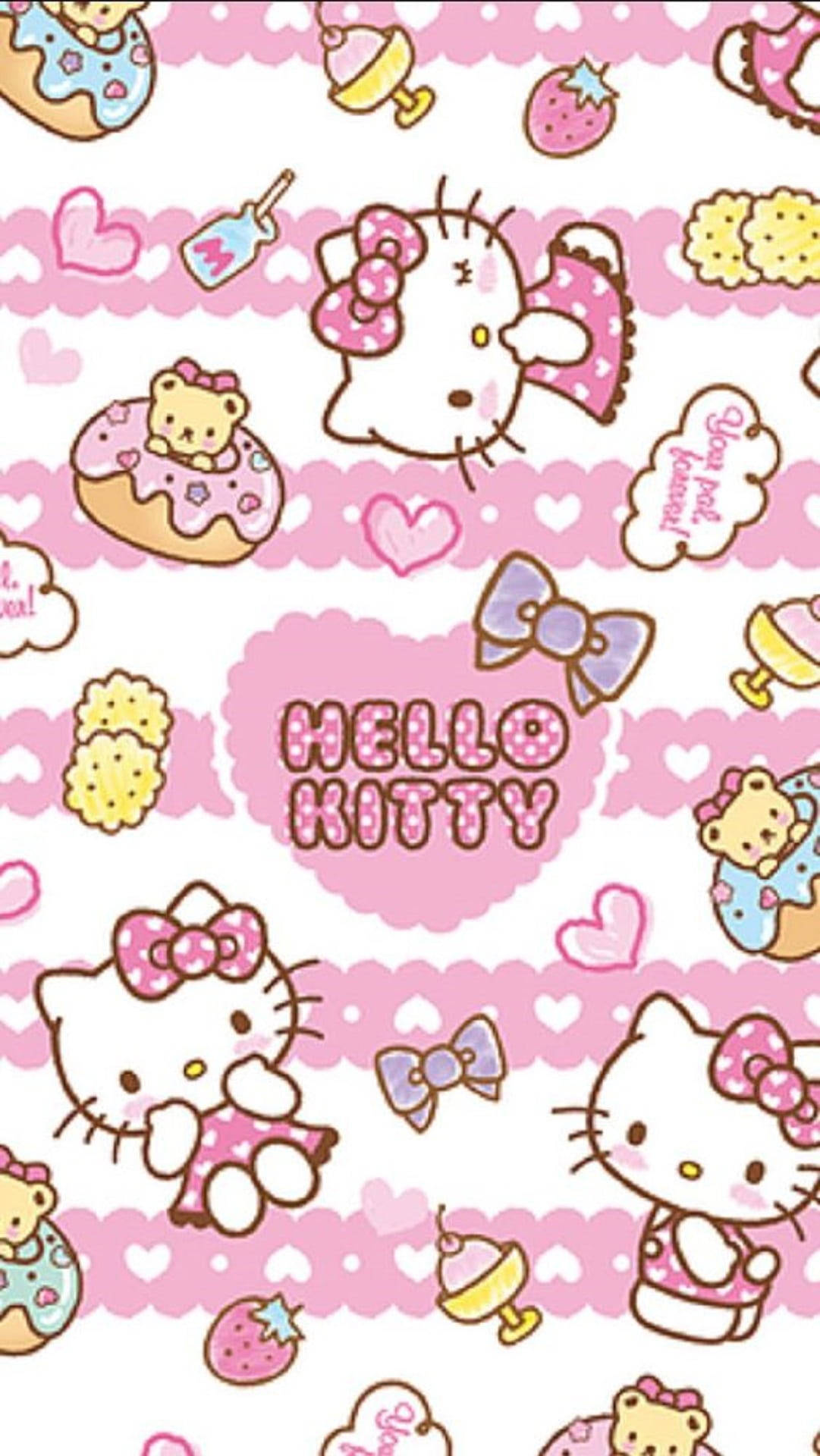 sanrio 桌布 壁紙 — Hello Kitty 角色和甜點漂浮在粉紅色心形圖案、帶有柔和色彩的壁紙上。