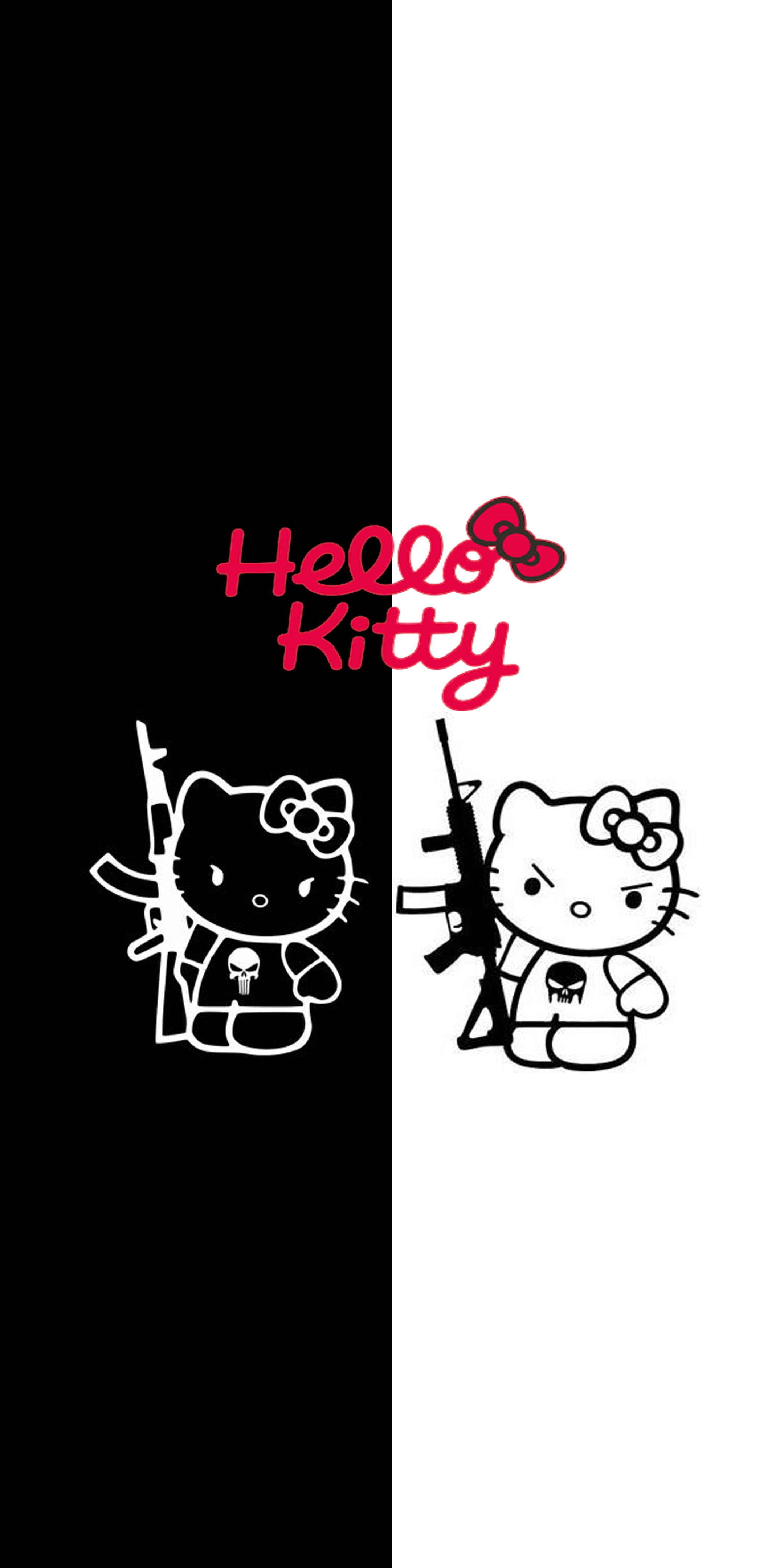 Kitty 桌布 壁紙 — Hello Kitty 角色垂直分開，在黑白背景上持步槍，帶有紅色標誌。