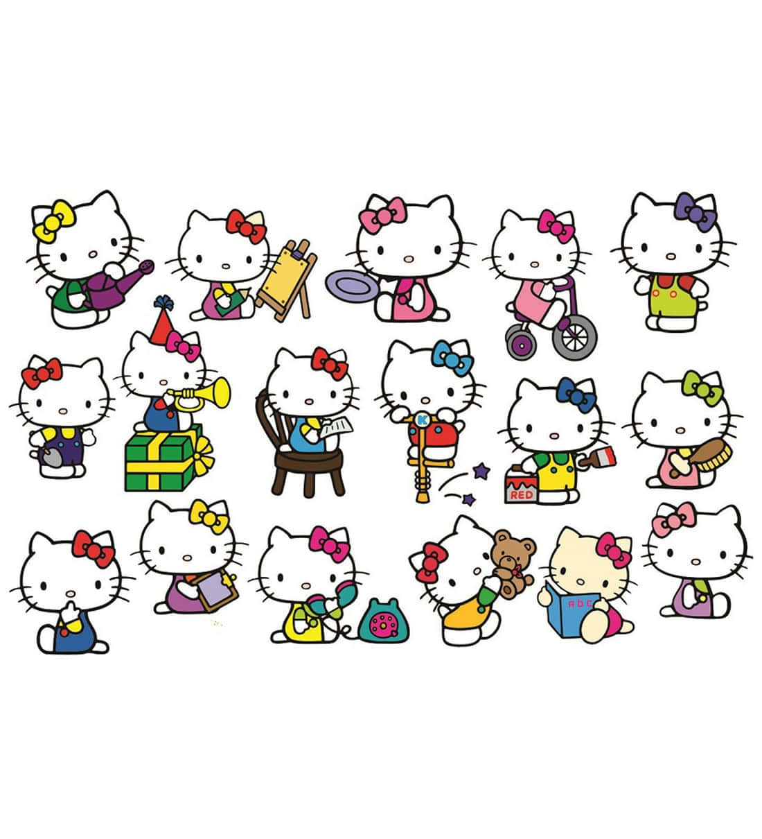 Kawaii Hello Kitty 桌布 壁紙 — Hello Kitty 角色穿著色彩繽紛的服裝，參與繪畫、騎自行車和閱讀書籍等有趣的活動。