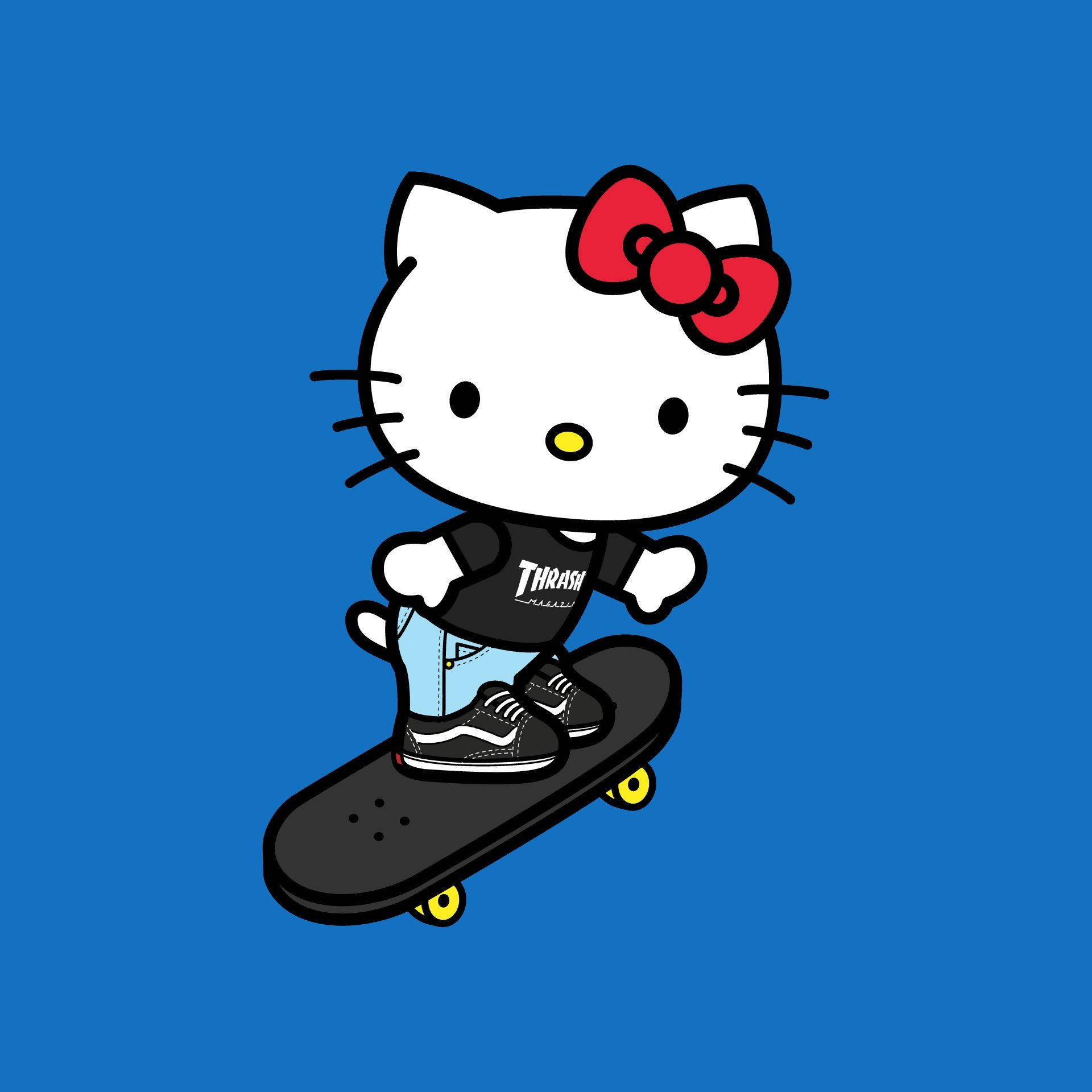 Hello Kitty 在滑板上，穿著牛仔褲和T恤。 — 三麗鷗角色 GIF 壁紙