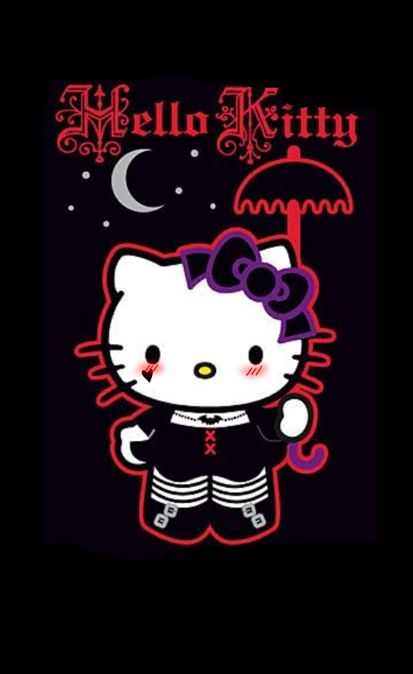 Kitty 桌布 壁紙 — Hello Kitty 身穿哥德式服裝，在彎月下撐傘，深色背景上有紅色華麗文字。