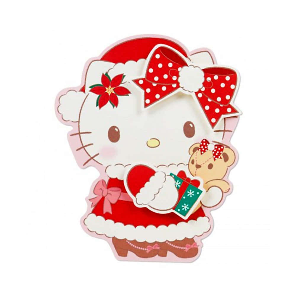 stickers 桌布 壁紙 — Hello Kitty 身穿節日紅色聖誕老人服裝，手持禮物和泰迪熊，配以聖誕紅和圓點蝴蝶結。