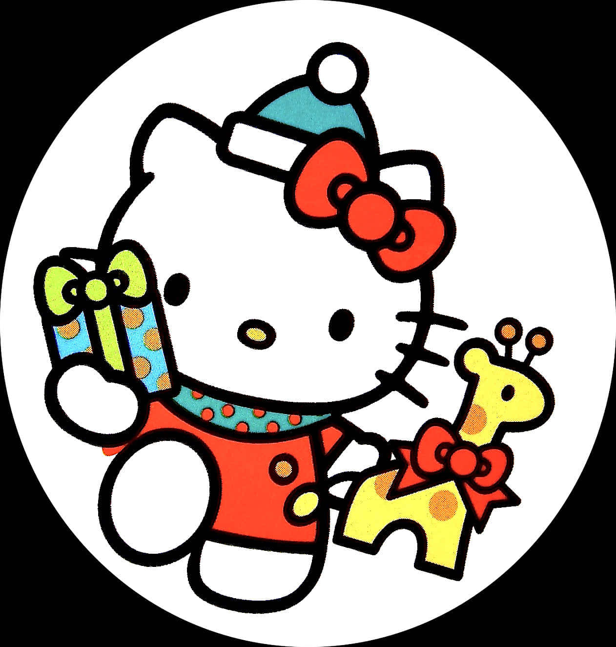 長頸鹿 桌布 壁紙 — Hello Kitty 身穿節日服裝，在純黑色背景前手持禮物和長頸鹿玩具。