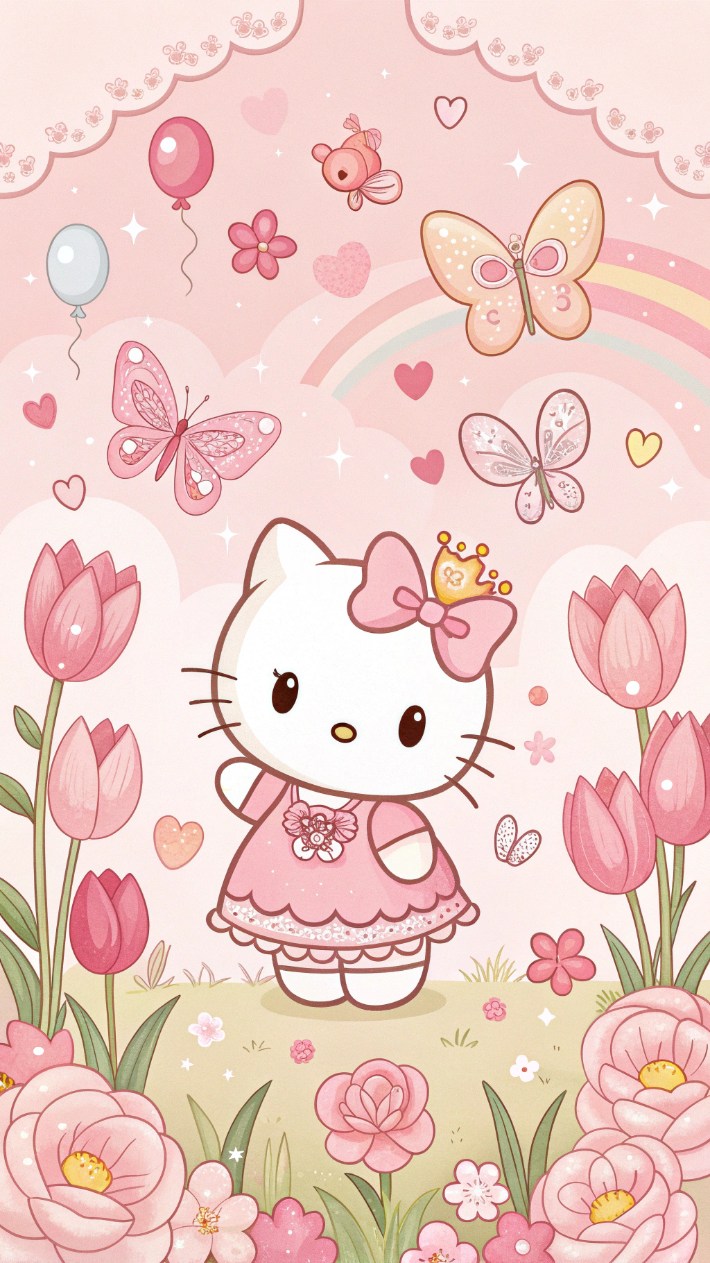 dreamy 桌布 壁紙 — Hello Kitty 身穿粉紅色連衣裙，站在鬱金香和花朵之間，天空中有蝴蝶氣球和彩虹。