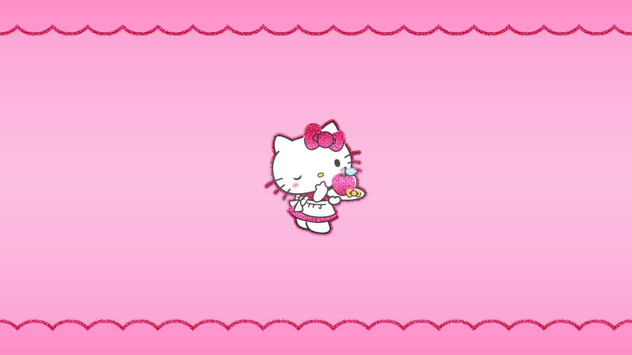 Hello Kitty Pc 桌布 壁紙 — Hello Kitty 身穿粉紅色連衣裙，在帶有閃亮扇貝邊框的柔和粉紅色漸變背景前拿著一個杯子蛋糕。