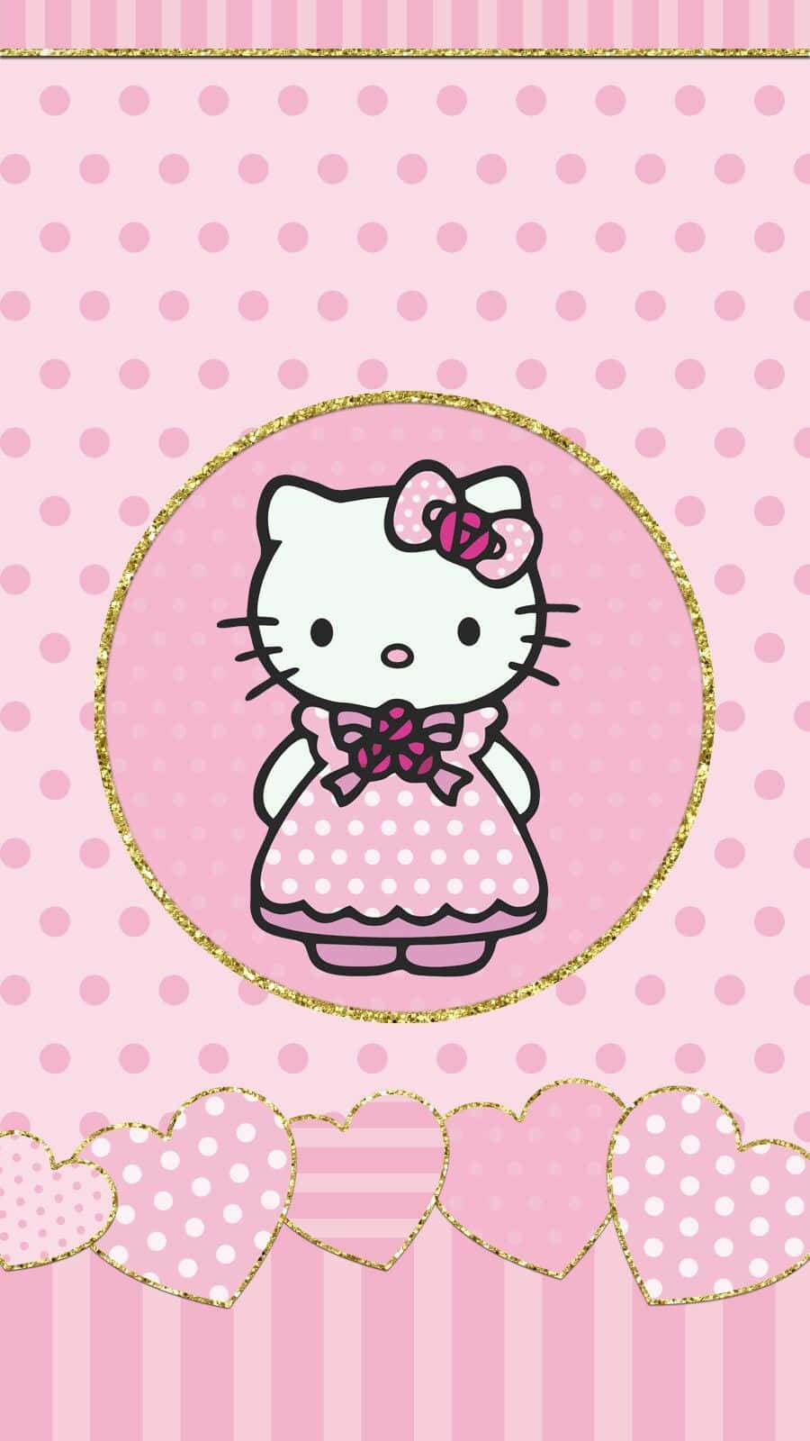 Hello Kitty 桌布 壁紙 — Hello Kitty 身穿粉紅色圓點連衣裙，戴著蝴蝶結，站在閃閃發光的金色圓圈內，背景是帶有心形裝飾的粉紅色圓點圖案。