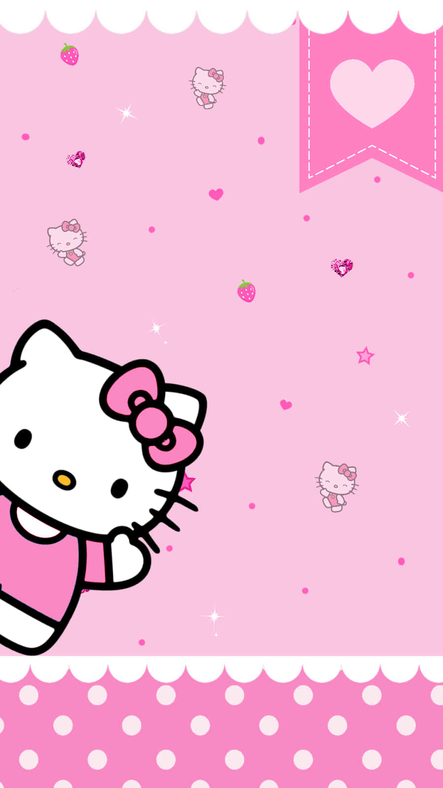 Hello Kitty 桌布 壁紙 — Hello Kitty 身穿粉紅色連衣裙，從左下角窺視，背景是帶有心形、草莓和星星的粉彩色粉紅色背景。