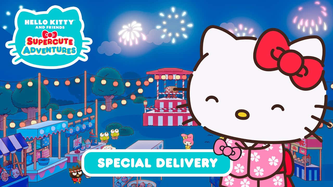 Hello Kitty 桌布 壁紙 — Hello Kitty 身穿粉紅色花卉和服，在煙火和色彩繽紛攤位的熱鬧夜間嘉年華背景下微笑著看著觀眾。