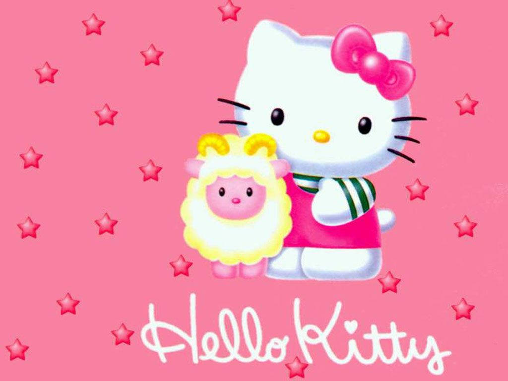 Hello 桌布 壁紙 — Hello Kitty 身穿粉紅色連衣裙，在粉紅色星星背景下抱著一隻黃色羊。