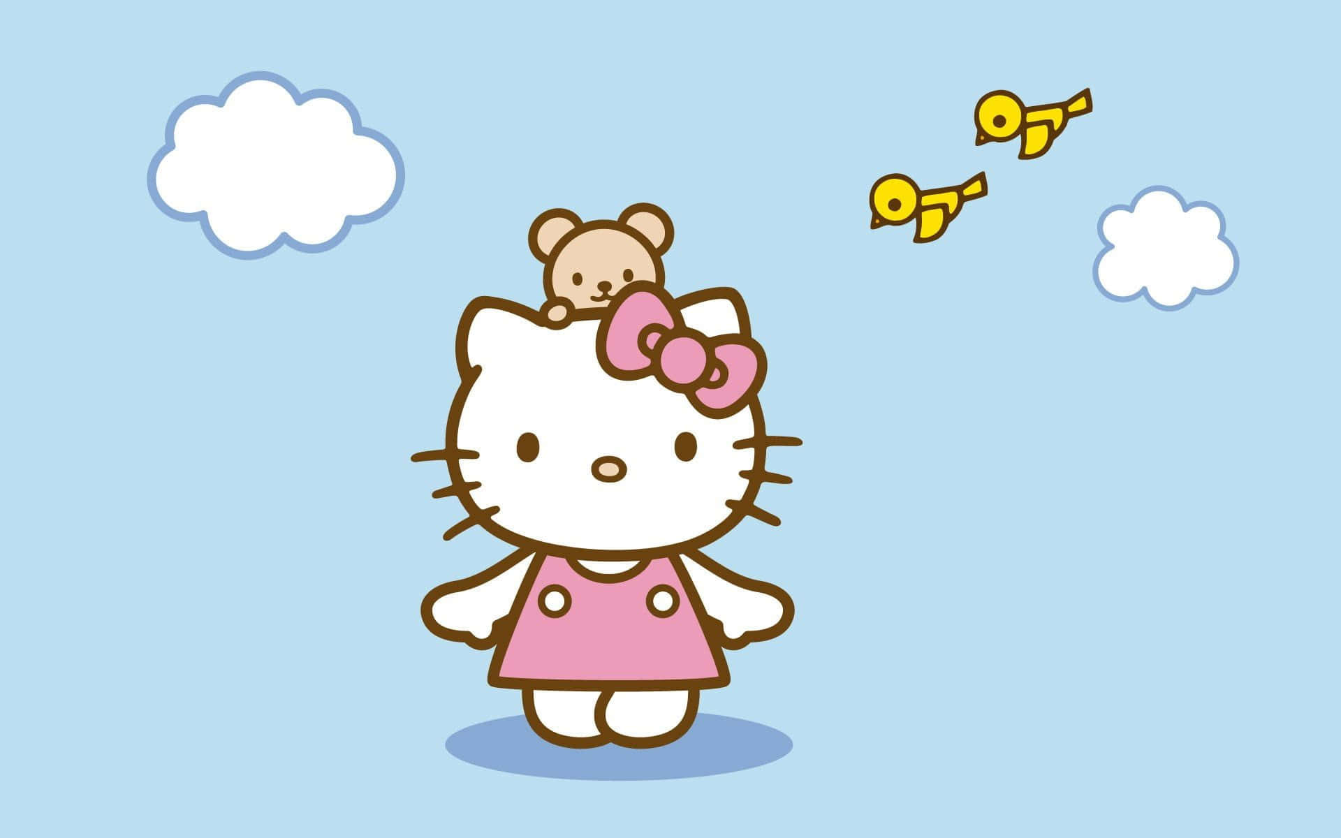 Kitty White 桌布 壁紙 — Hello Kitty 身穿粉紅色連衣裙，頭頂泰迪熊，站在藍天白雲和飛鳥下。