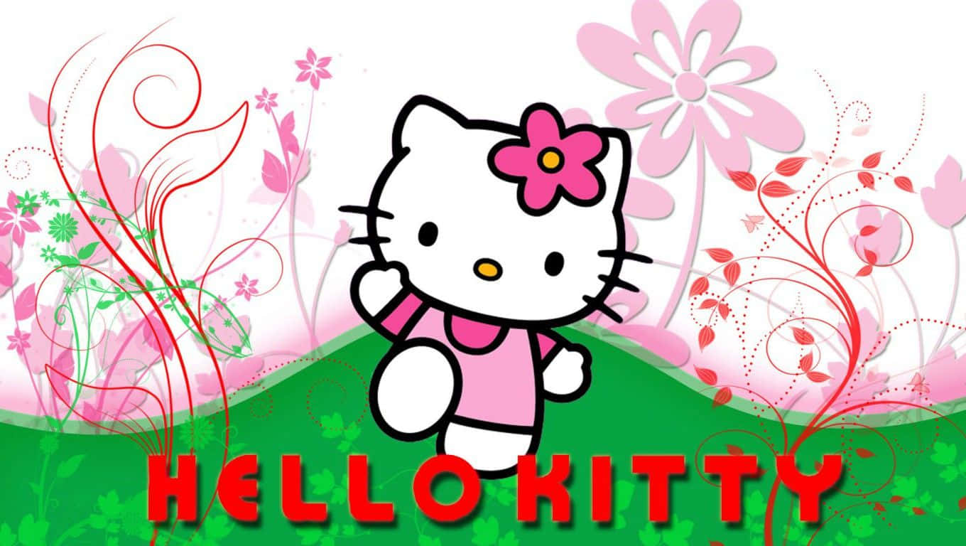 粉紅色 桌布 壁紙 — Hello Kitty 身穿粉紅色連衣裙，在一個有旋轉花卉圖案和粉紅色花朵的綠色山丘上愉快地揮手。
