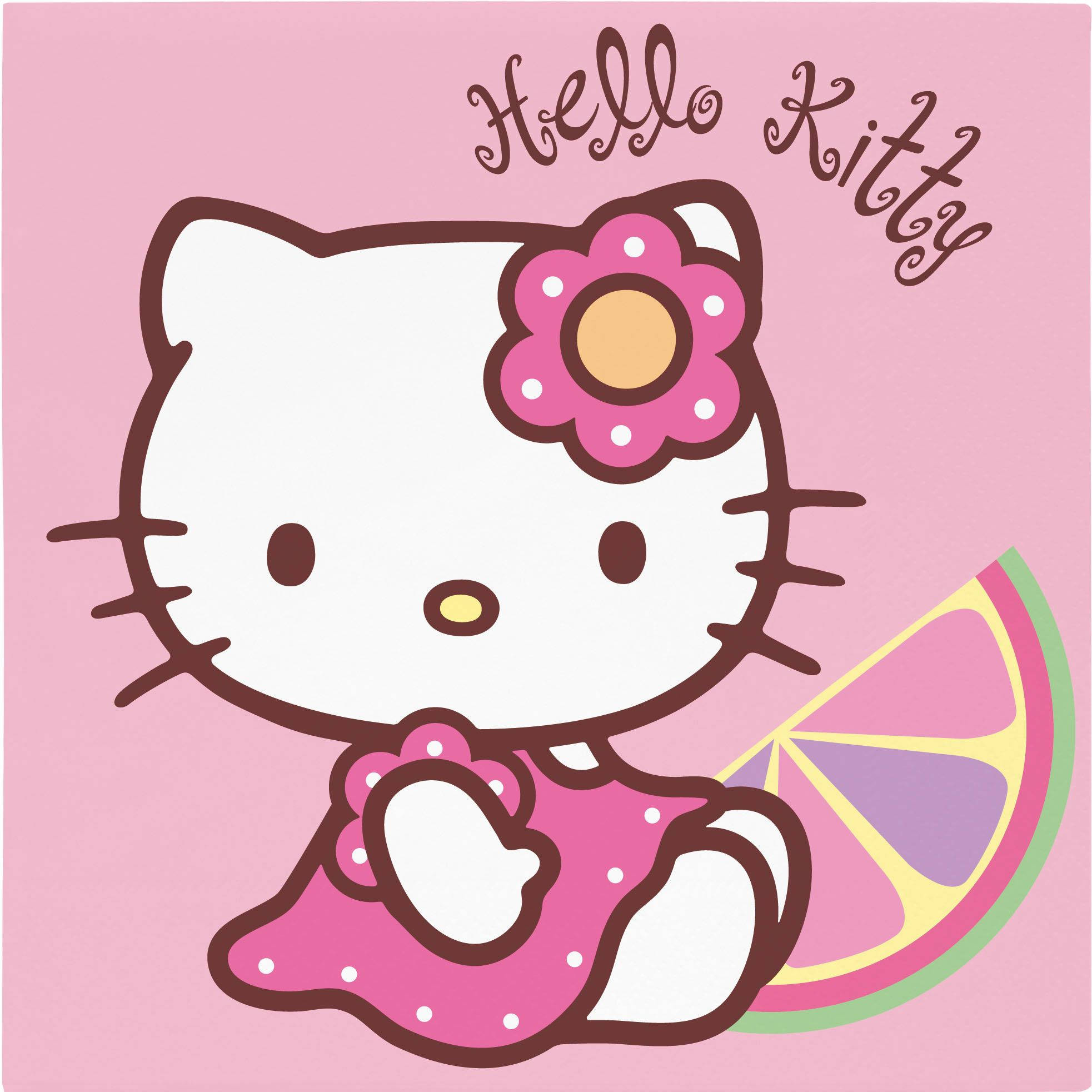 Hello 桌布 壁紙 — Hello Kitty 身穿粉紅色圓點連衣裙，在柔和的粉紅色背景前拿著色彩繽紛的柑橘片。