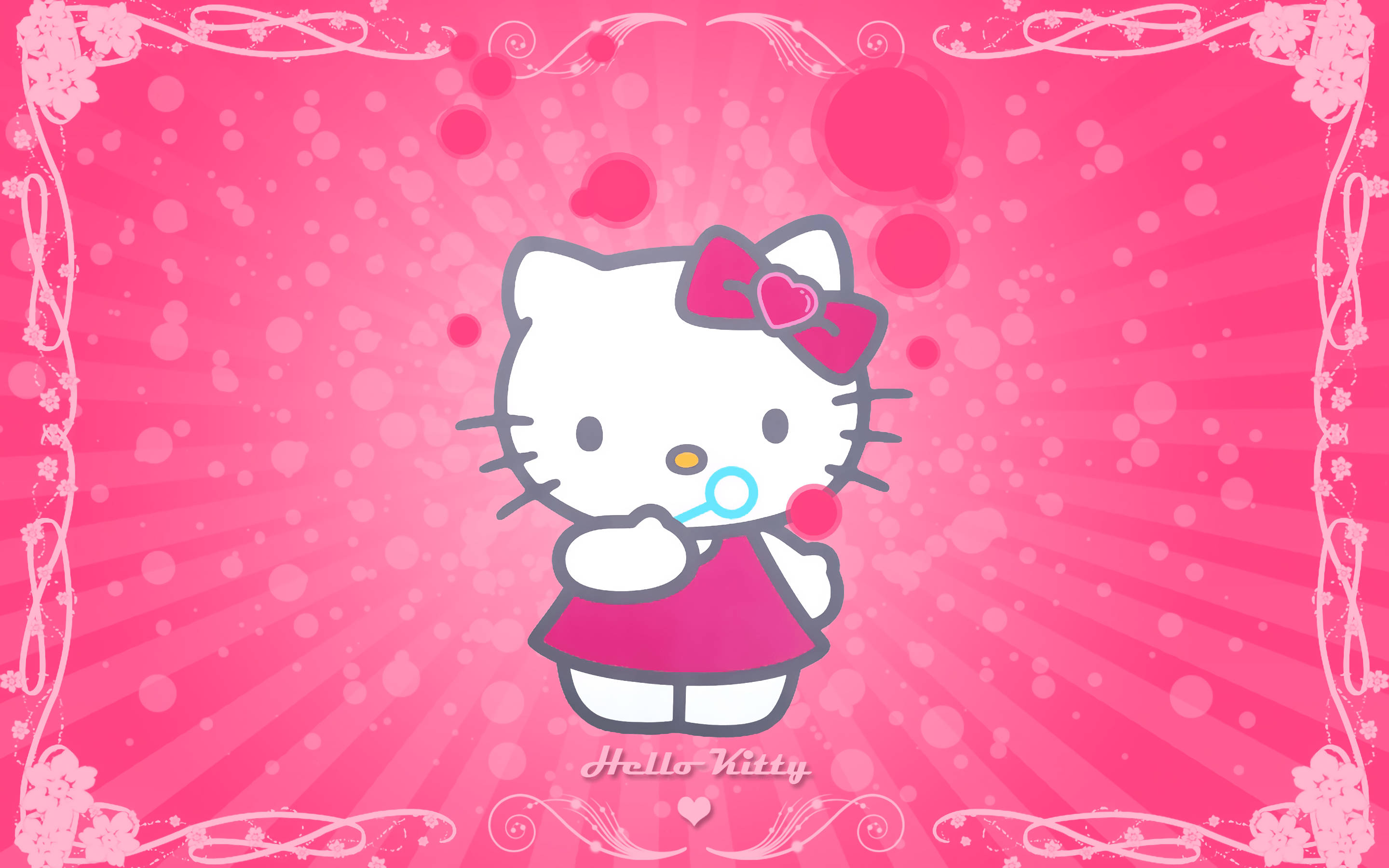 動漫女孩 桌布 壁紙 — Hello Kitty 身穿粉紅色連衣裙，在帶有花卉邊框的亮麗粉紅色背景上拿著棒棒糖。