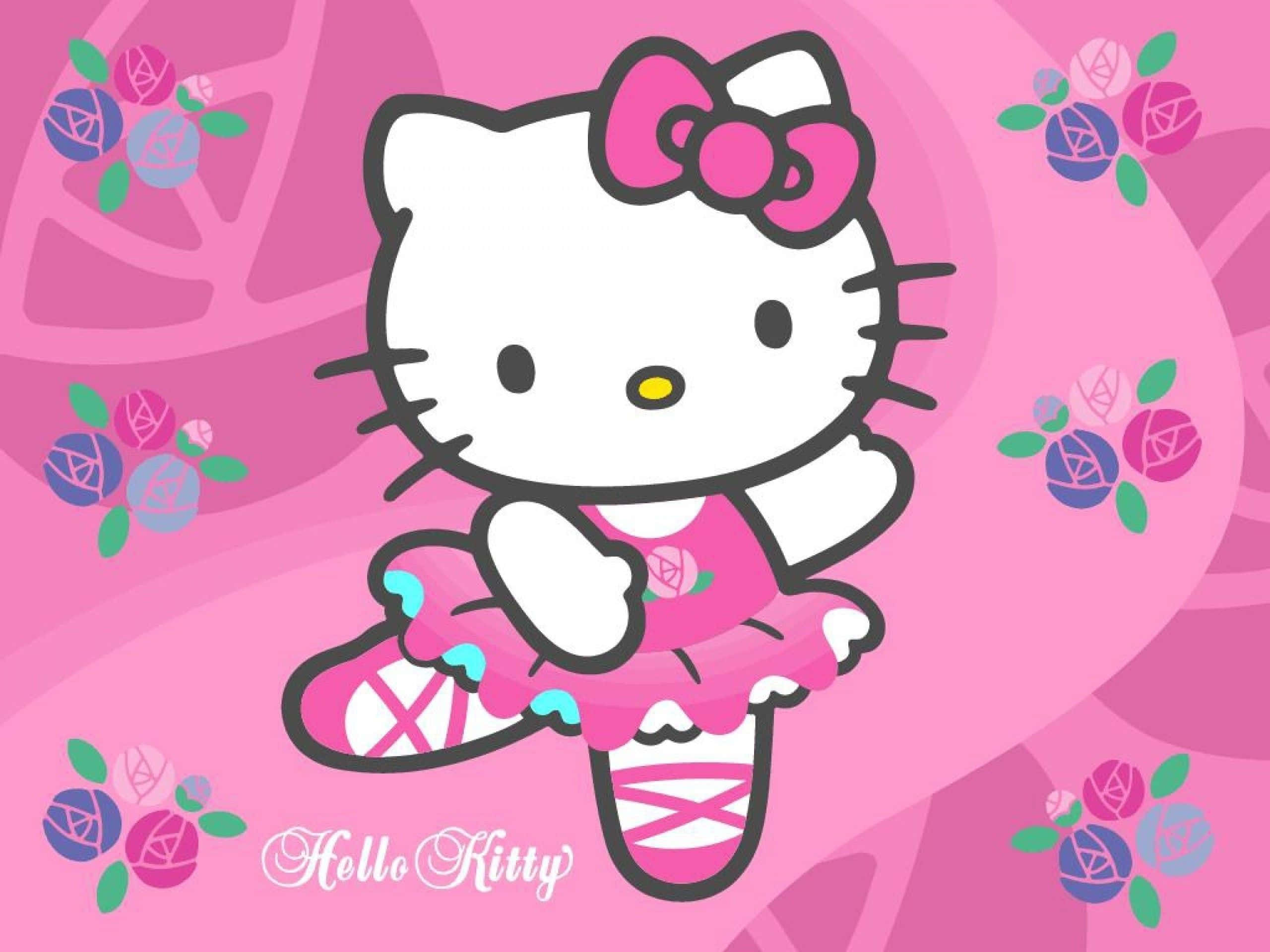 Hello Kitty 桌布 壁紙 — Hello Kitty 身穿粉紅色芭蕾舞服，在充滿活力的粉紅色花卉背景上優雅地踮起腳尖擺姿勢。