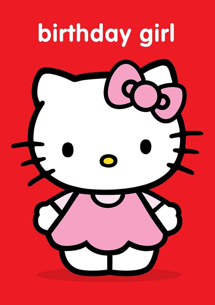 Hello Kitty Birthday 桌布 壁紙 — Hello Kitty 身穿粉紅色連衣裙和蝴蝶結，站在鮮豔的紅色背景前，帶有 'birthday girl' 文字。
