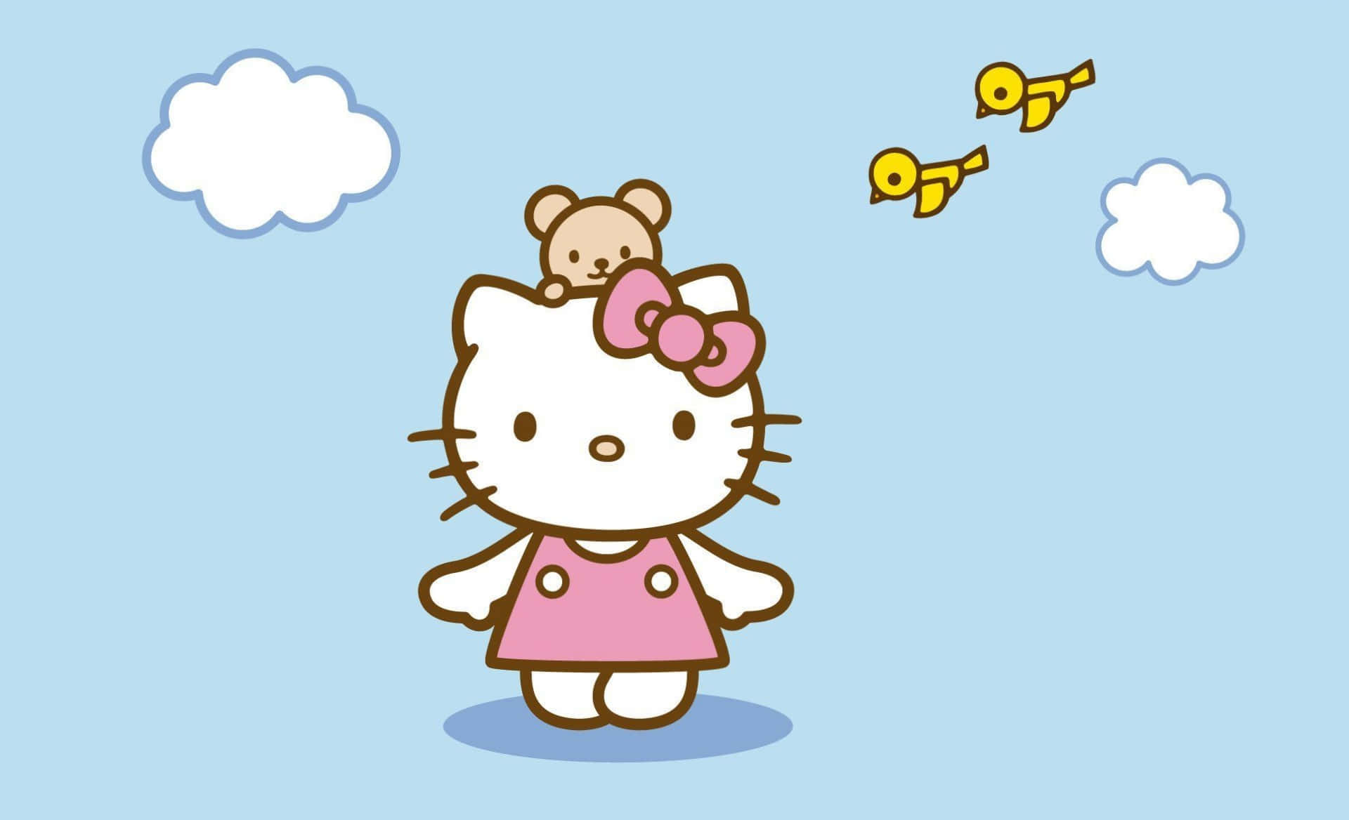 雲朵 桌布 壁紙 — Hello Kitty 身穿粉紅色連衣裙，頭上頂著泰迪熊，站在藍天白雲和飛鳥下。