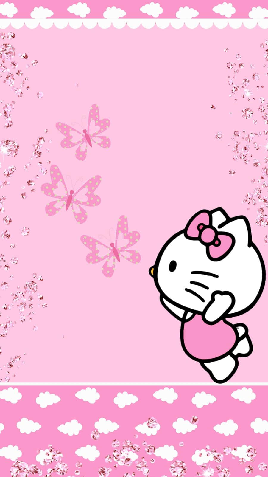 Hello Kitty 桌布 壁紙 — Hello Kitty 身穿粉紅色連衣裙和蝴蝶結，在雲朵邊框的柔和粉紅色背景前，漂浮在閃閃發光的蝴蝶之中。
