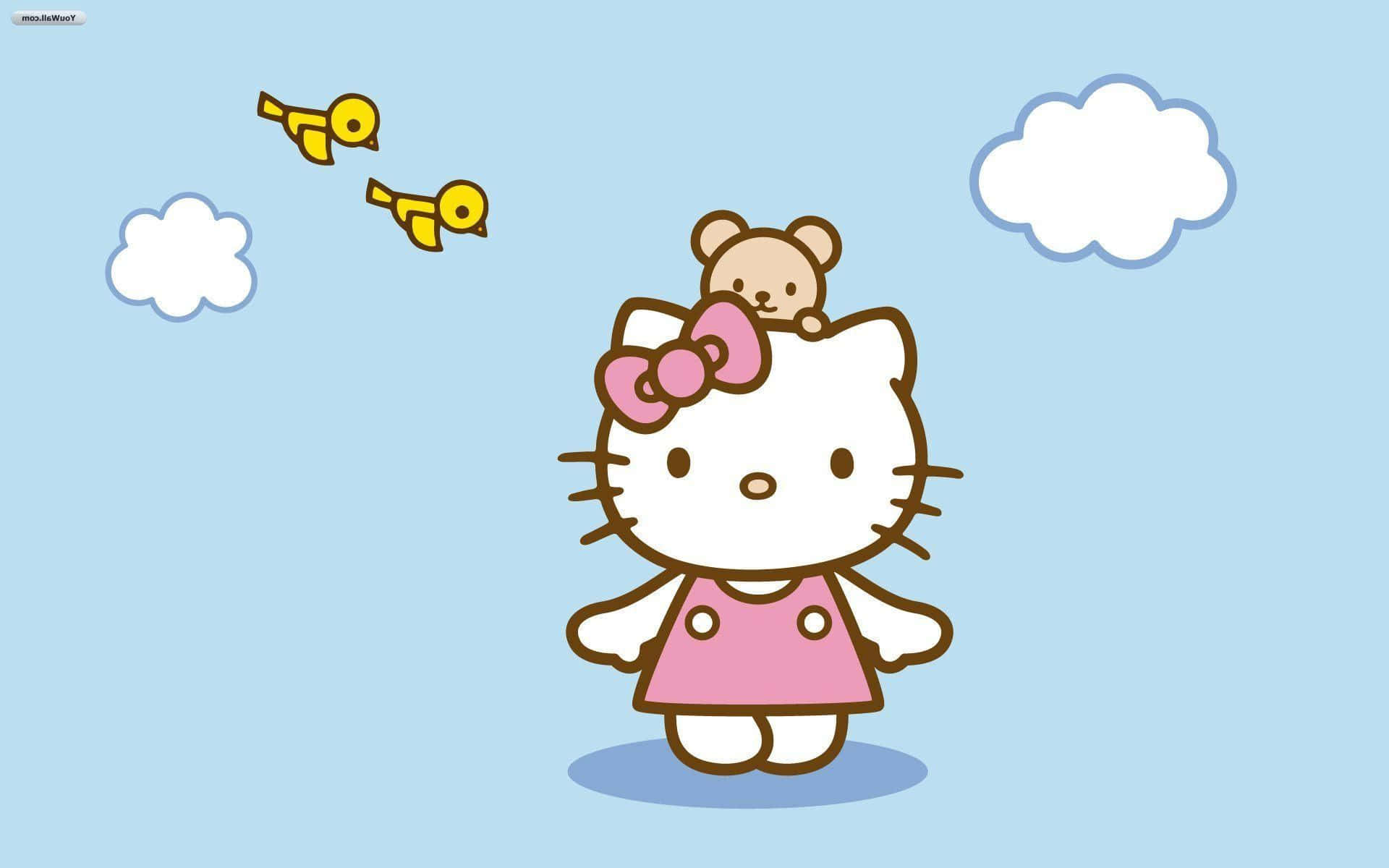 Kitty White 桌布 壁紙 — Hello Kitty 身穿粉紅色連衣裙，頭頂泰迪熊，站在藍天白雲和飛鳥下。