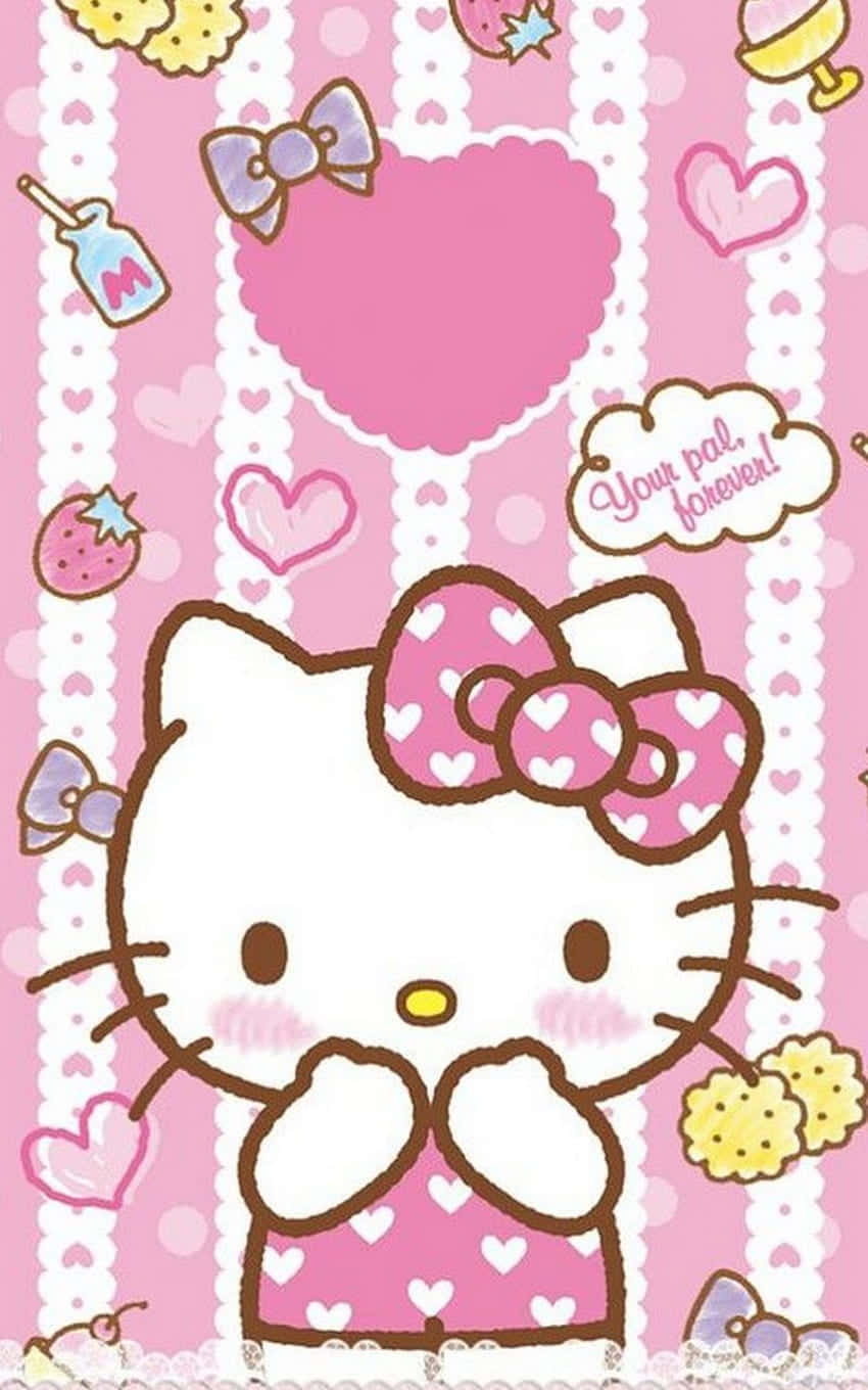Kawaii Hello Kitty 桌布 壁紙 — Hello Kitty 身穿粉紅色心形圖案連衣裙，在帶有蕾絲邊框和漂浮糖果的粉紅色背景上合十祈禱。