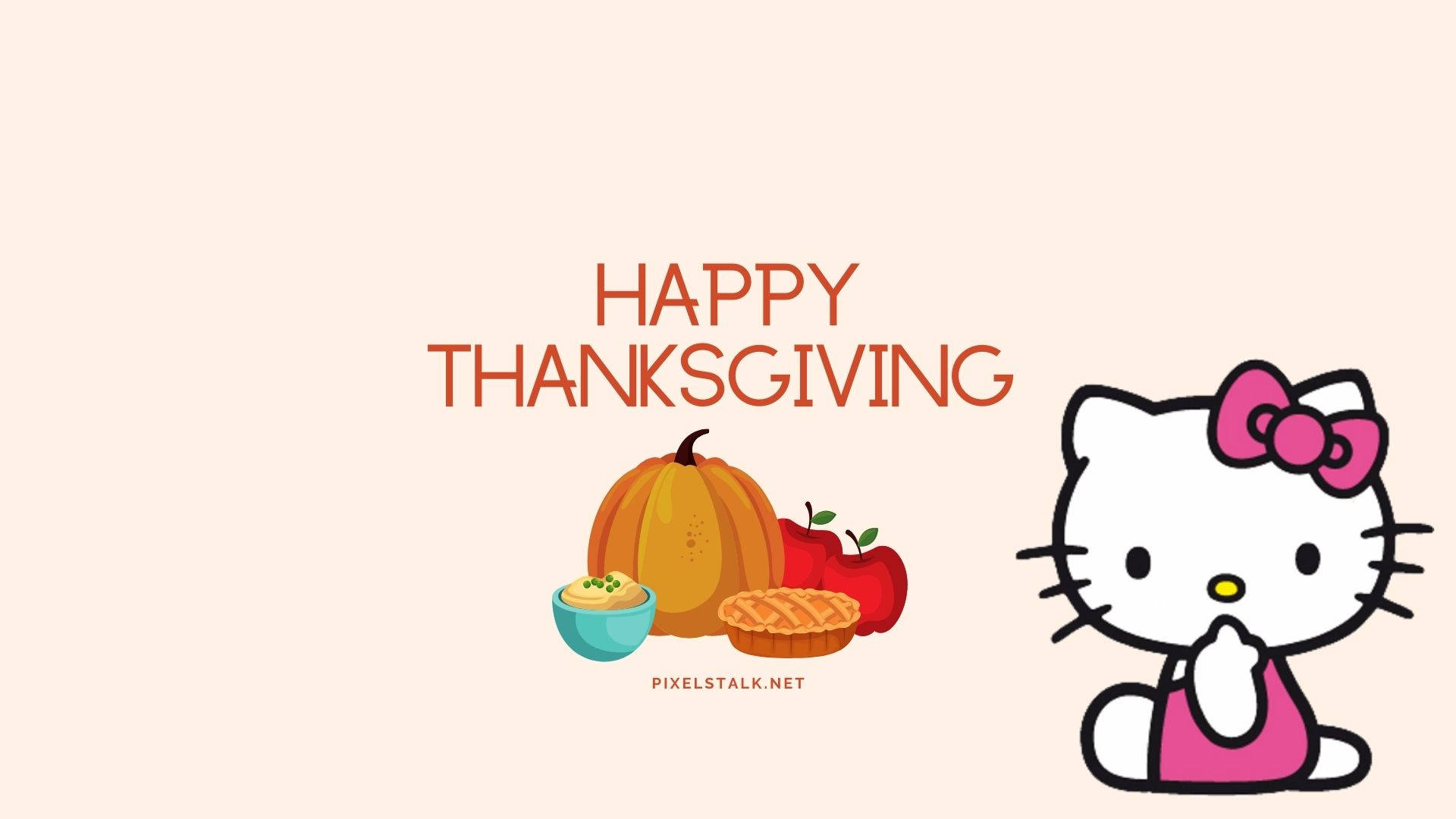 Cute Thanksgiving 桌布 壁紙 — Hello Kitty 身穿粉紅色連衣裙坐在秋季豐收圖標旁，下方有'Happy Thanksgiving'文字。