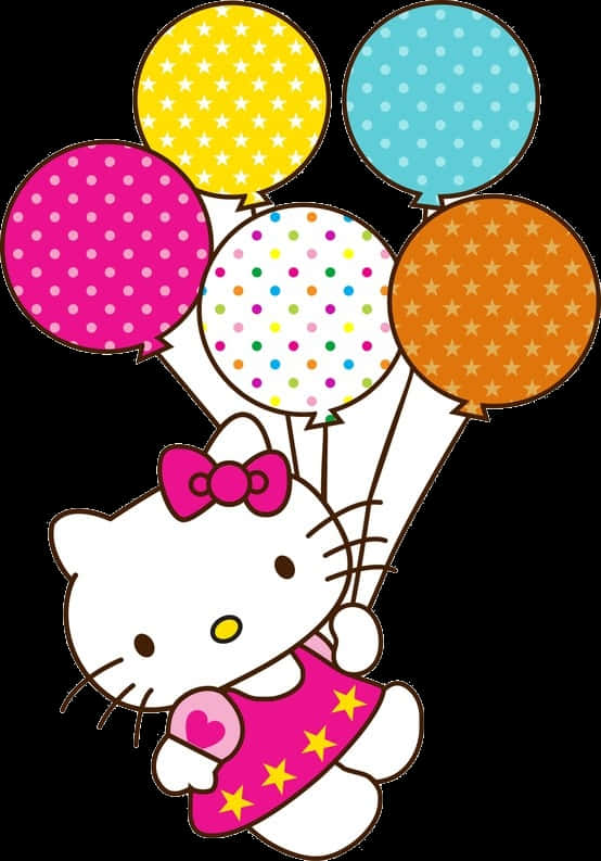Hello Kitty 桌布 壁紙 — Hello Kitty 身穿粉紅色連衣裙，在黑色背景前手持六個圖案氣球。