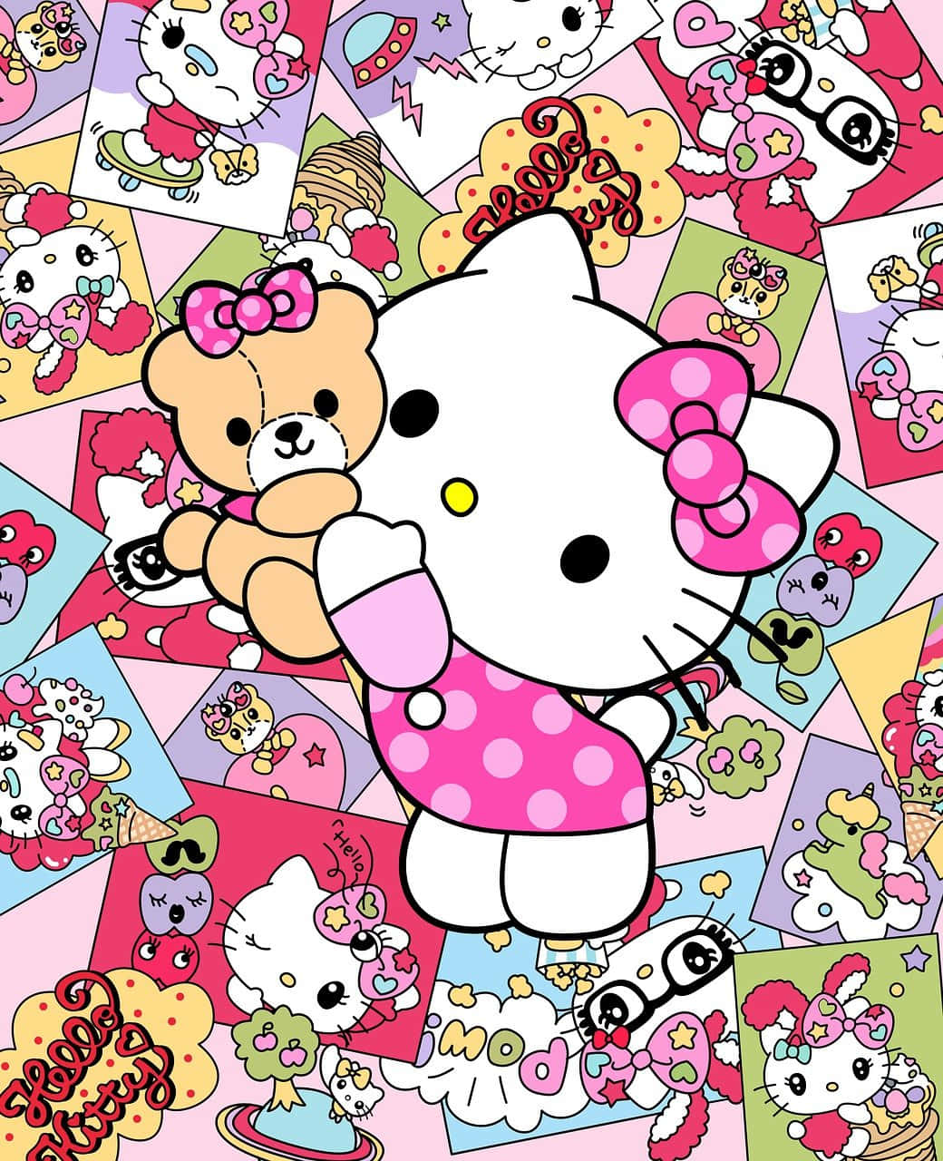 sanrio 桌布 壁紙 — Hello Kitty 身穿粉紅色圓點連衣裙，抱著泰迪熊，周圍是她卡通插圖的彩色拼貼畫。