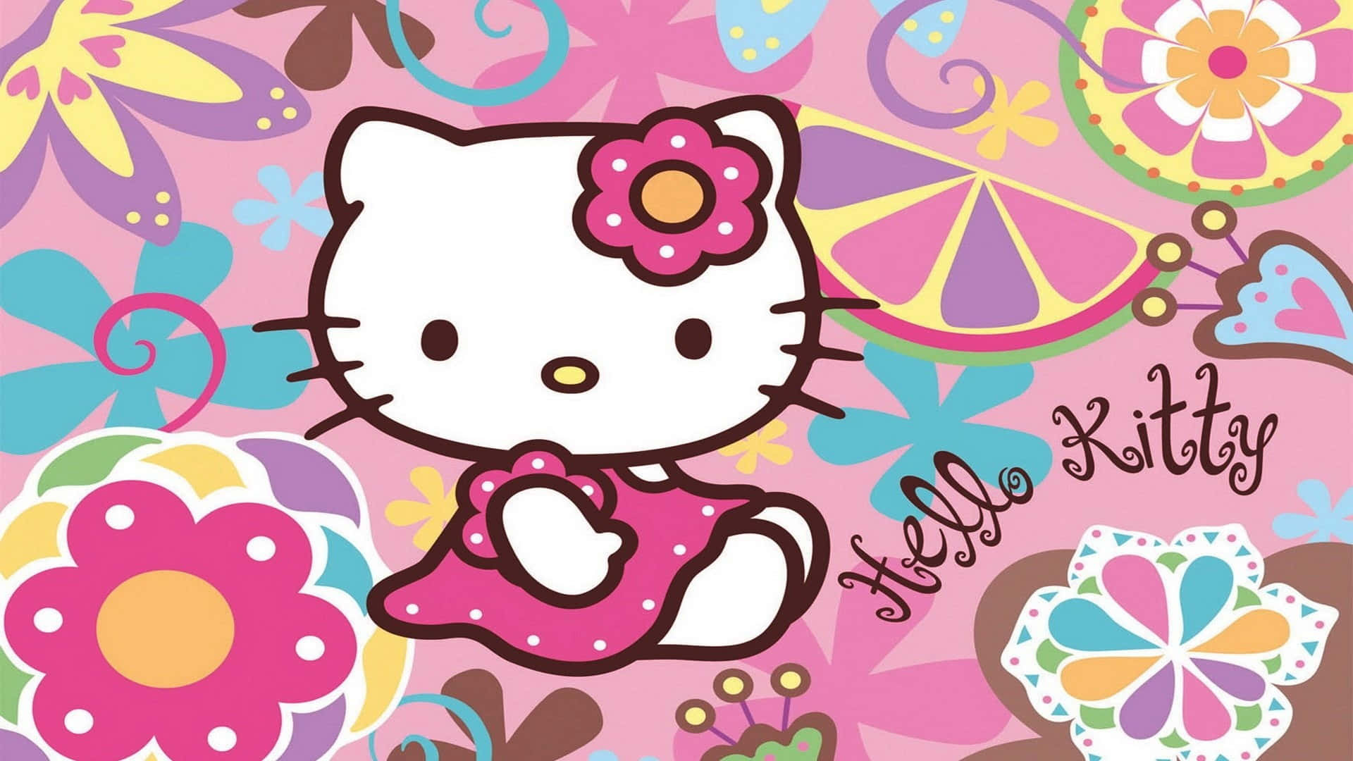 sanrio 桌布 壁紙 — Hello Kitty 身穿粉紅色連衣裙，坐在色彩繽紛的卡通花朵中，背景是充滿活力的粉紅色。