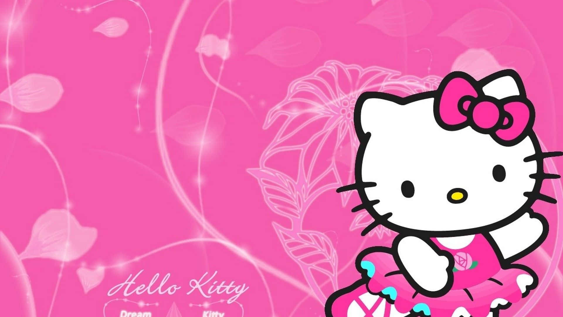 Hello Kitty 桌布 壁紙 — Hello Kitty 身穿粉紅色連衣裙，戴著蝴蝶結，站在閃閃發光的花卉背景前。