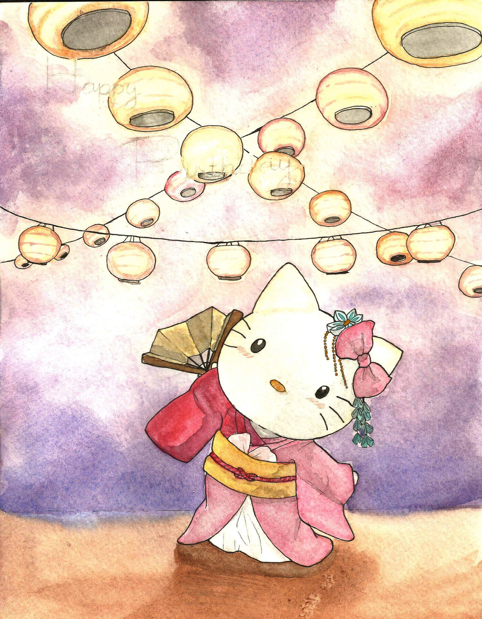 Watercolor 桌布 壁紙 — Hello Kitty 身穿粉紅色和服，在紫色暮色天空下，於發光的紙燈籠下拿著扇子。
