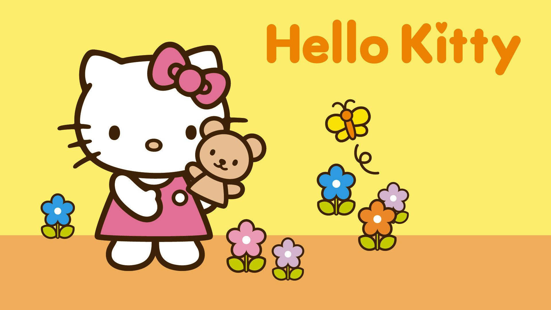 Hello 桌布 壁紙 — Hello Kitty 身穿粉紅色連衣裙，在黃色背景上抱著泰迪熊，周圍環繞著色彩繽紛的花朵和一隻蝴蝶。