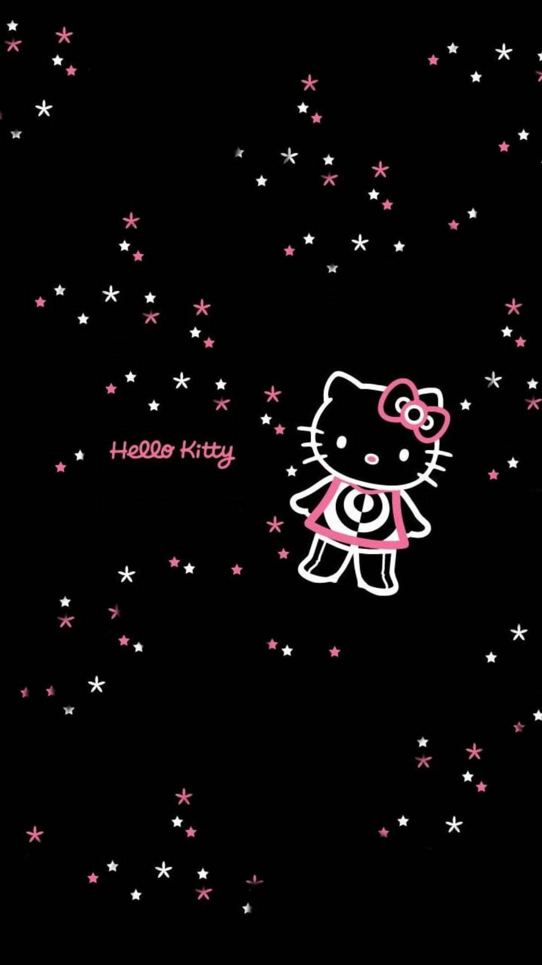 Kitty 桌布 壁紙 — Hello Kitty 身穿粉紅色連衣裙漂浮在黑色背景上散落的粉紅色和白色星星之間。