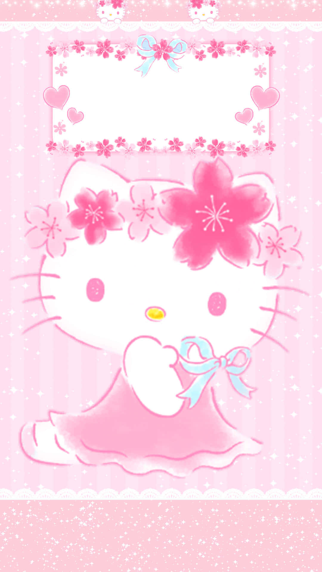 Kawaii Hello Kitty 桌布 壁紙 — Hello Kitty 身穿粉紅色花卉連衣裙，帶有櫻花和心形圖案，背景是閃閃發光的粉紅色。