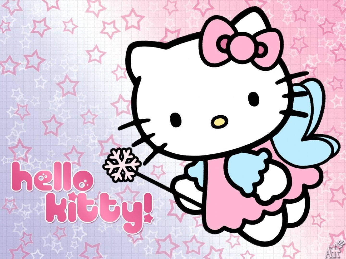 Hello Kitty 桌布 壁紙 — Hello Kitty 身穿粉藍色天使裝，在星空粉彩背景前手持雪花魔杖。