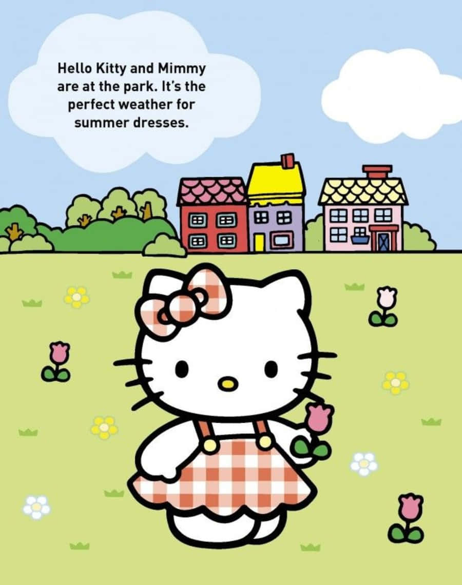 Mimmy White 桌布 壁紙 — Hello Kitty 身穿紅白格紋洋裝，站在陽光明媚的花田中，背景是色彩繽紛的房屋。