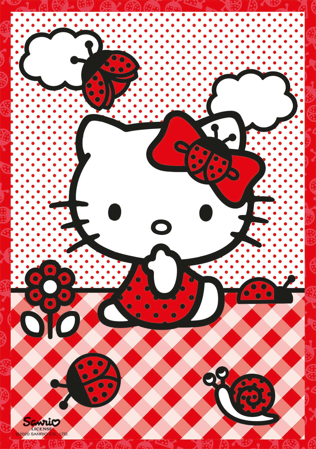 Hello Kitty 桌布 壁紙 — Hello Kitty 身穿紅色圓點連衣裙，在格子背景上與瓢蟲和蝸牛一起。