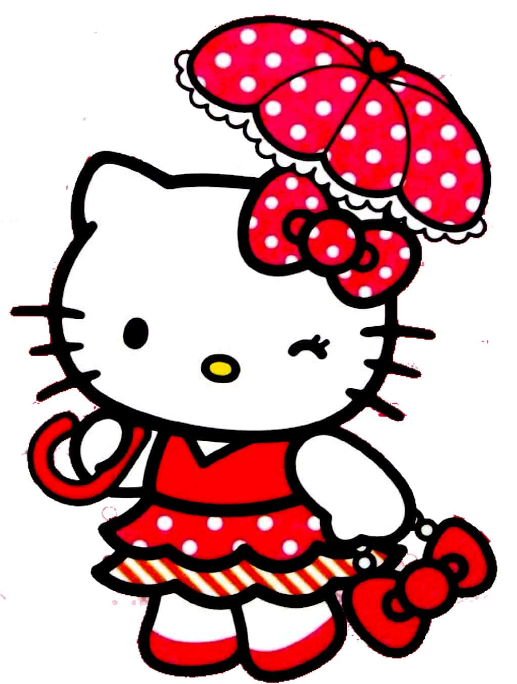 Hello Kitty 桌布 壁紙 — Hello Kitty 身穿紅色圓點連衣裙和相配的帽子，在純白色背景上愉快地眨眼。