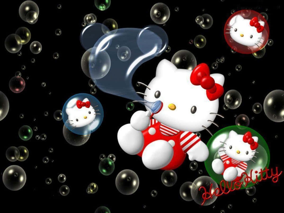 Hello Kitty Laptop 桌布 壁紙 — Hello Kitty 身穿紅色條紋服裝，在黑色背景上吹出一個巨大的泡泡，周圍漂浮著色彩繽紛的泡泡。