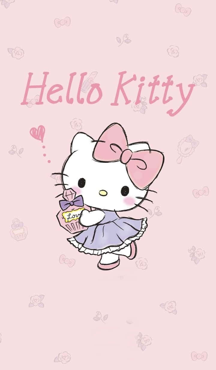 粉紅色 桌布 壁紙 — Hello Kitty 身穿紫色連衣裙，在帶有花卉和蝴蝶結圖案的柔和粉紅色背景前拿著一個杯子蛋糕。